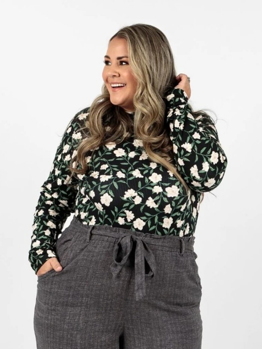 LuLaRoe "Penelope"  Black Floral Mock Neck Long Sleeve Top-XL